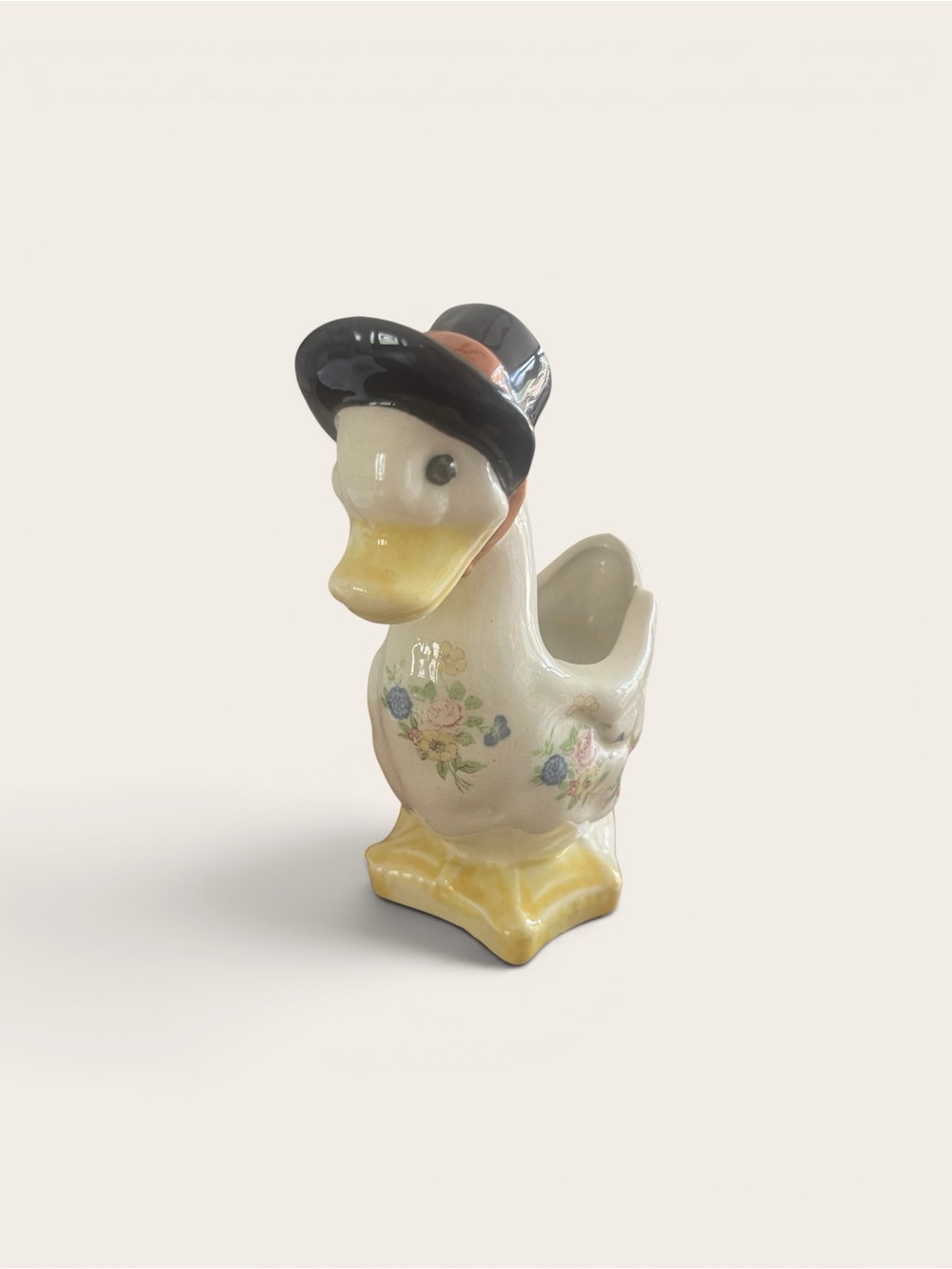 Vintage Ceramic Duck Planter in White, Yellow, Black